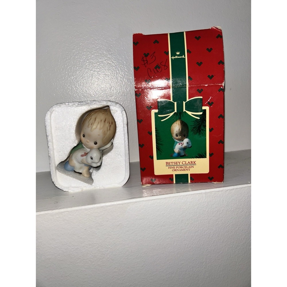 1985 Hallmark Fine Porcelain BETSEY CLARK Baby with Lamb Christmas Ornament NIB